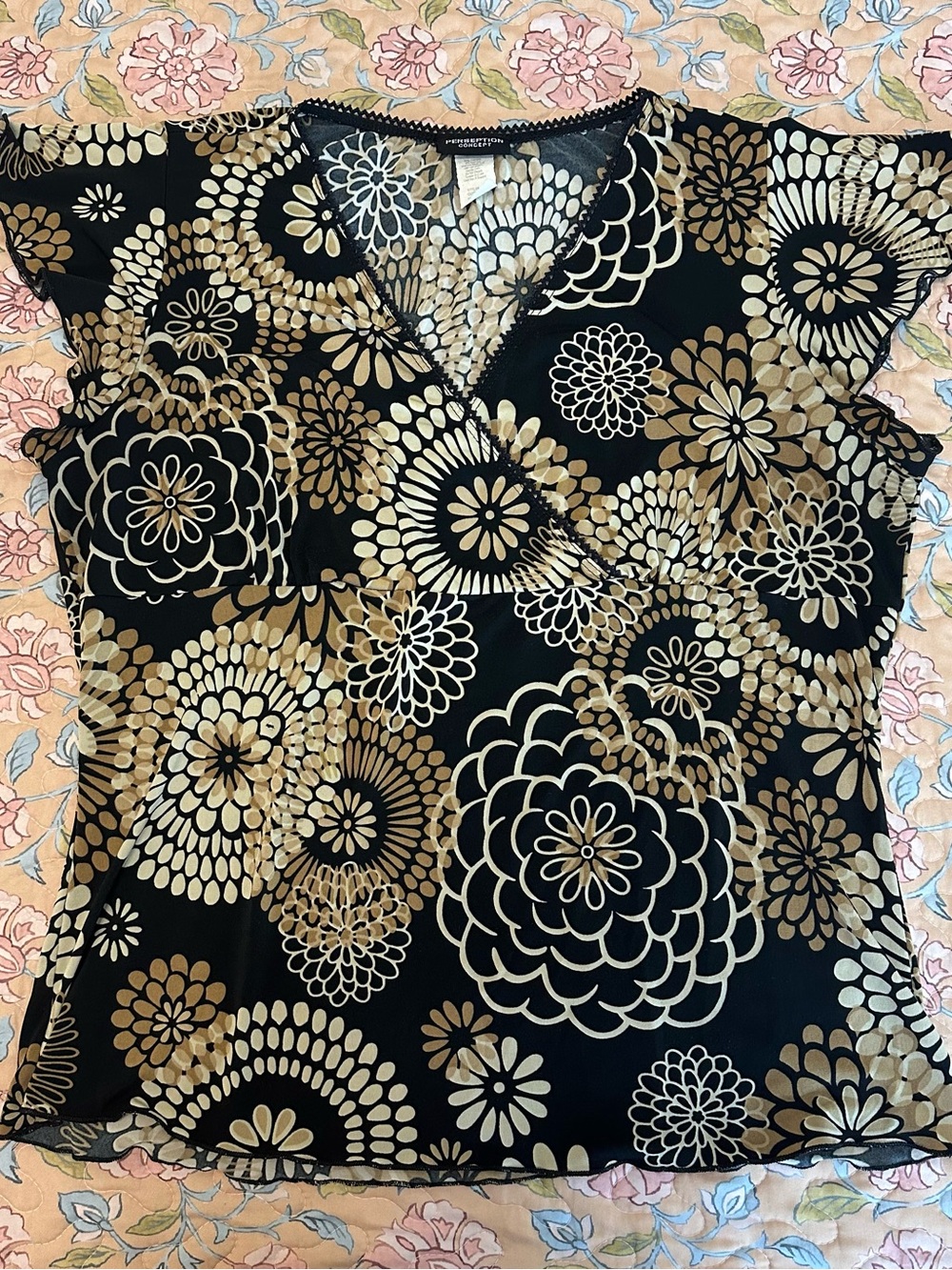 Y2K Made in USA Perseption Black Floral Print Flutter Sleeve Women’s Top